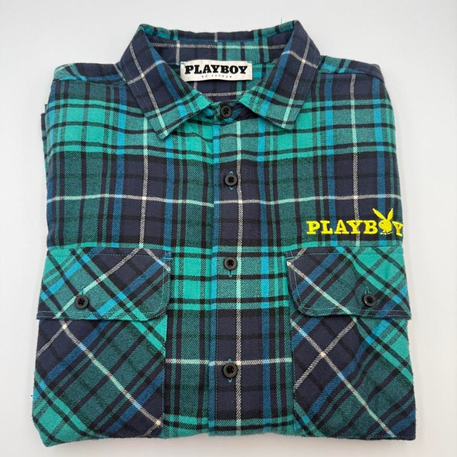Playboy By Pacsun Mens Green Plaid Green Button Up Flannel Size Mens Medium